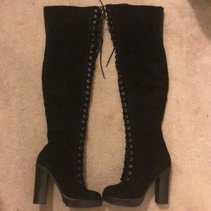 Aldo Black Suede Laced Up Thigh Boot